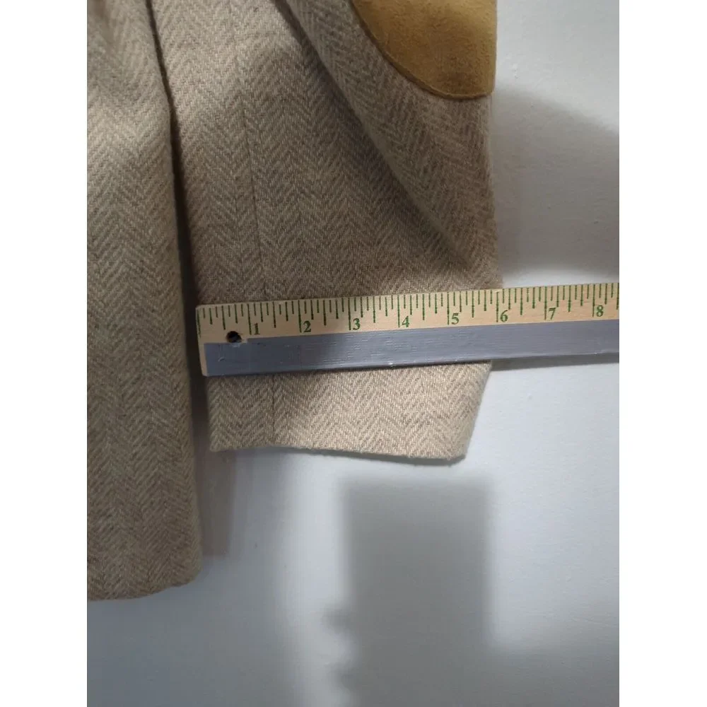 Adams Row Mens 100%‎ Wool Herringbone Blazer Beige Tan Elbow Patches Sport Coat